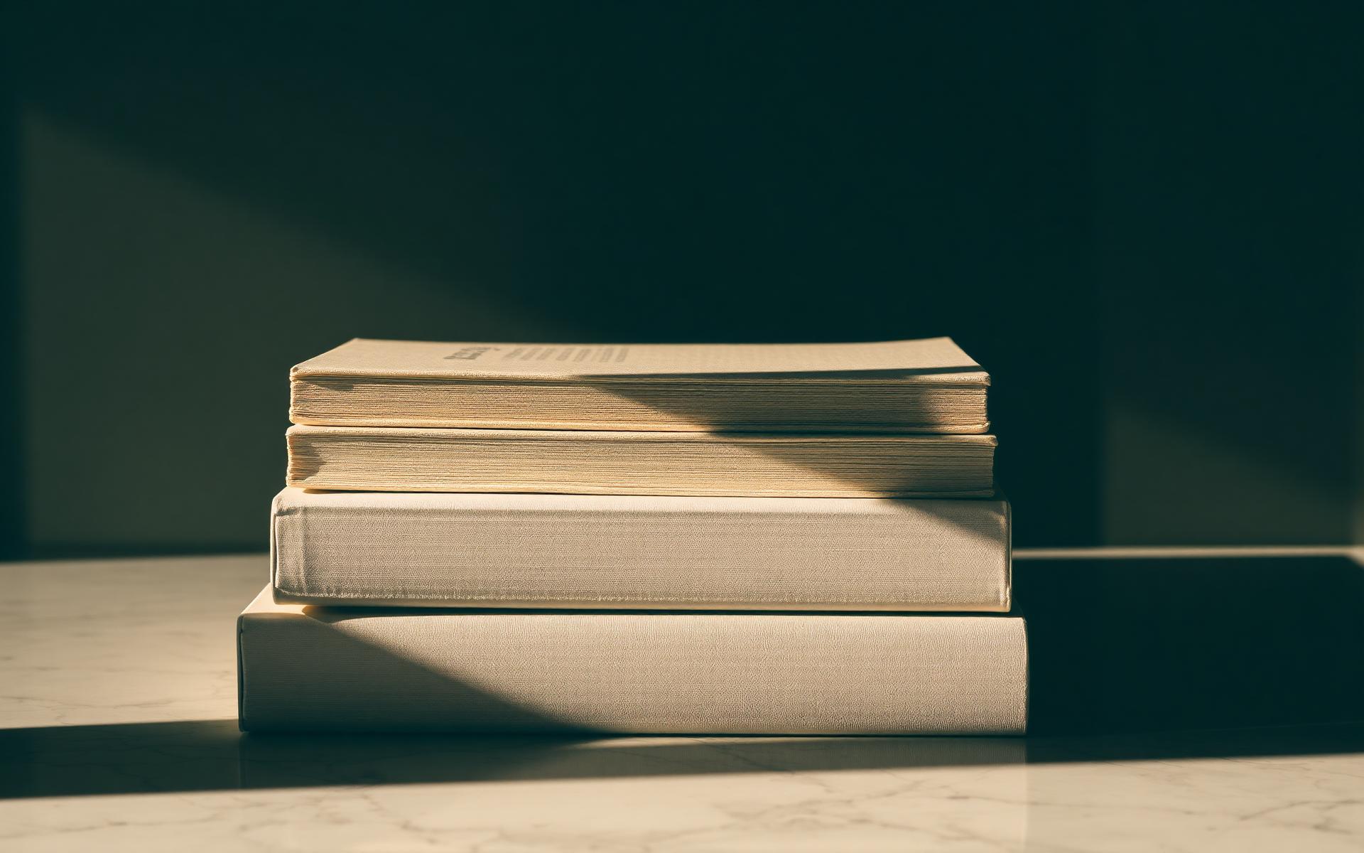 Stack of hardcover books in shaft of light