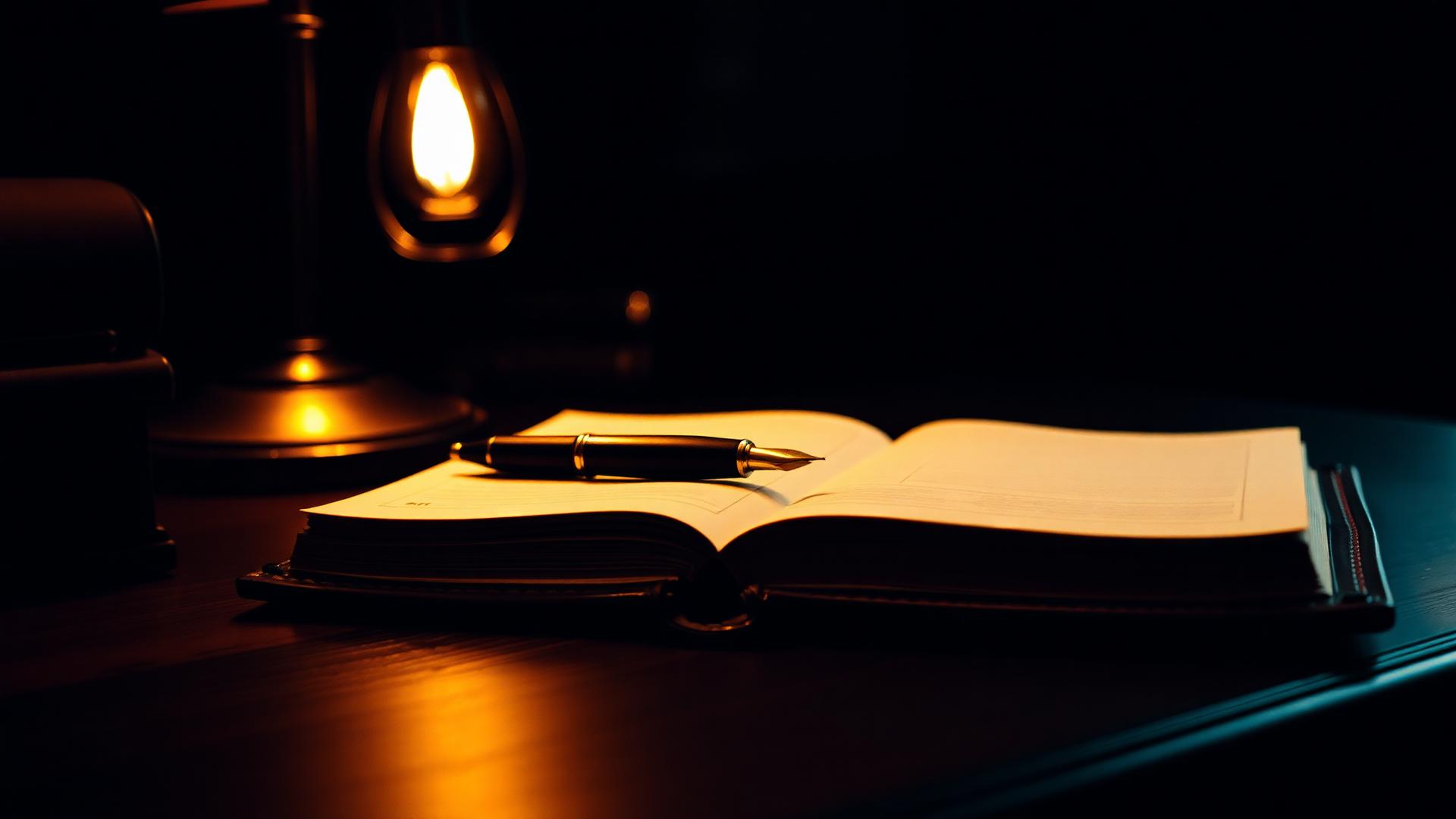 A leather-bound ledger lit by a single amber lamp